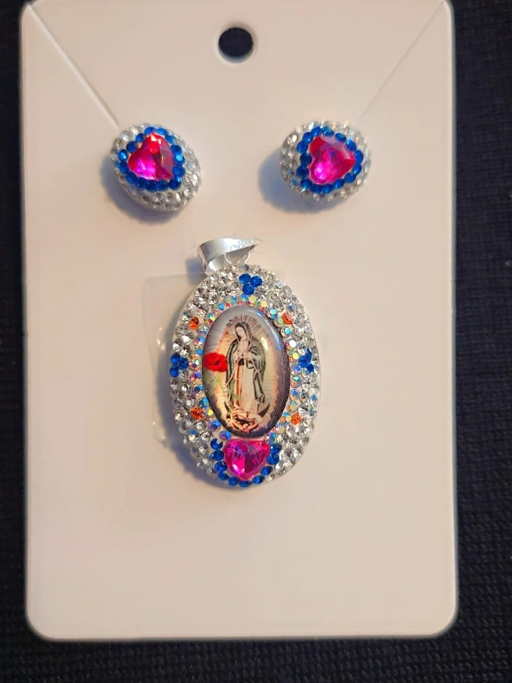Religious Oval Pendant and Stud Earring Set with Pink & Blue Accents